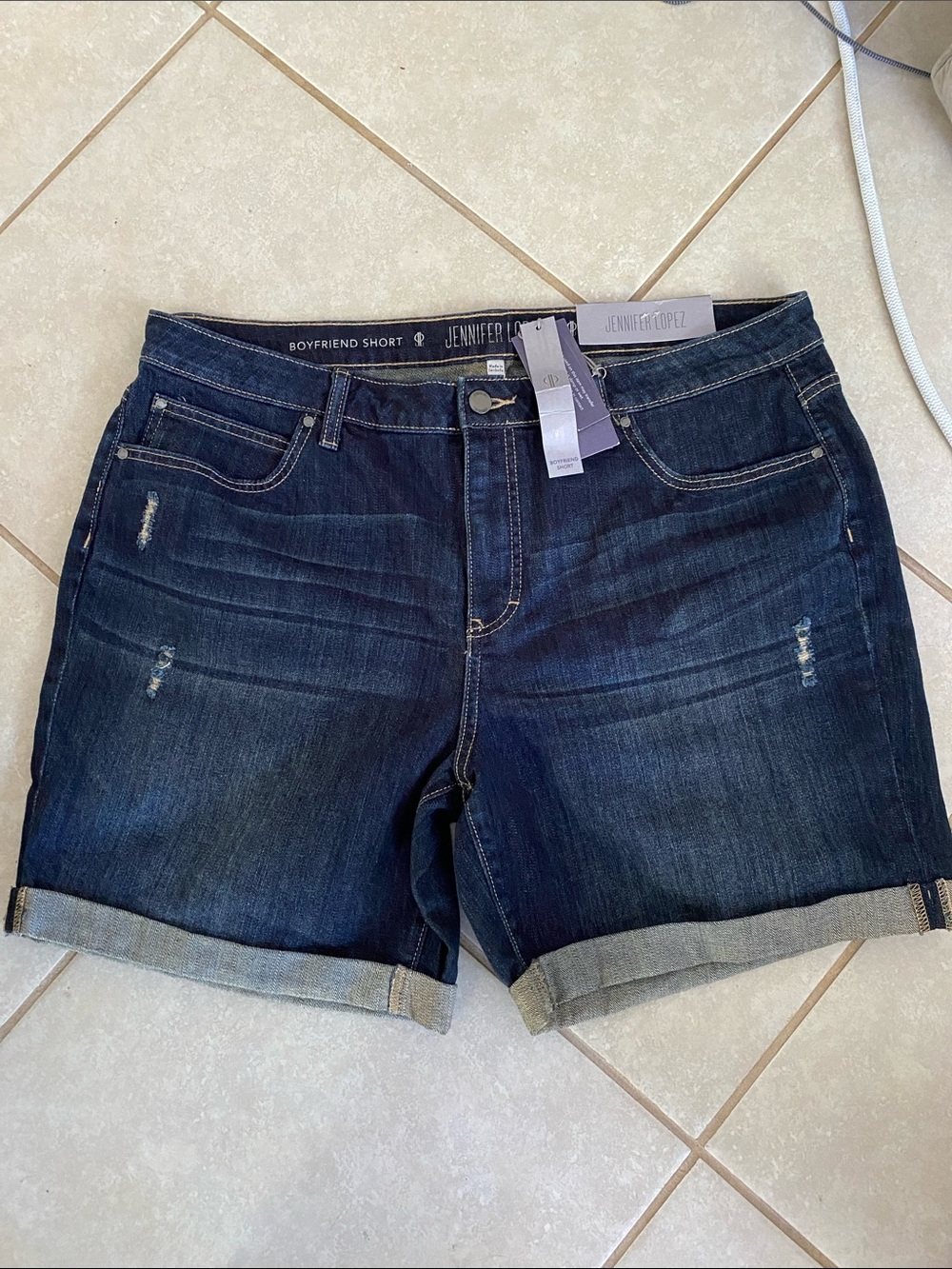 Jennifer Lopez Distressed Midnight Blue Jean Boyfriend Shorts w/ Rolled Cuffs